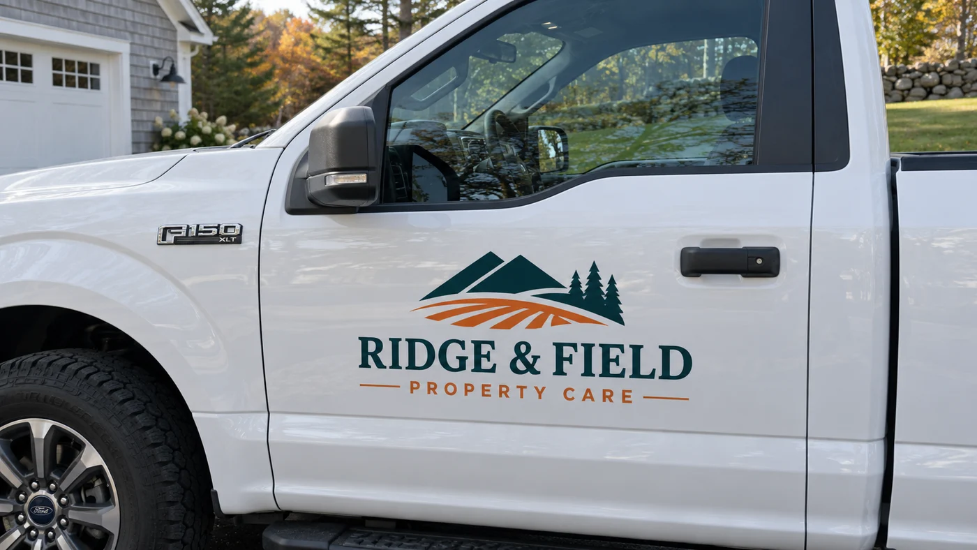 Example of cut vinyl Ridge and Field lettering on a white pickup truck